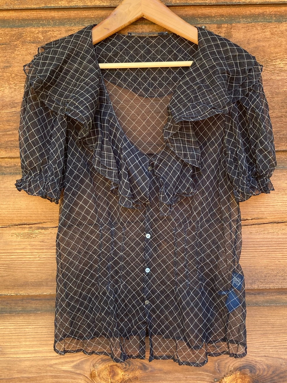 RALPH LAUREN Black Sheer Ruffle-Trim Button Blouse